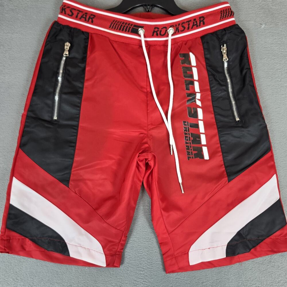 Rockstar Original Men's Athletic Mesh Shorts Red Black Zip Pockets Drawstring M